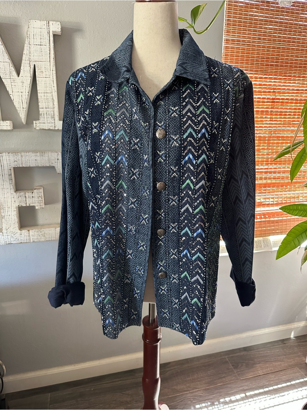 Coldwater Creek Navy Jacket with Patterned Trim